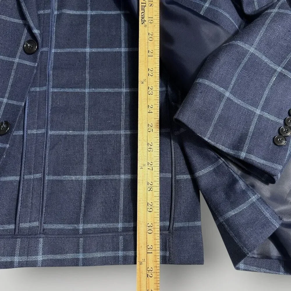 JOS A BANK Men Blazer Sport Coat 46R Navy Windowpane Plaid 2-Button Jacket Linen